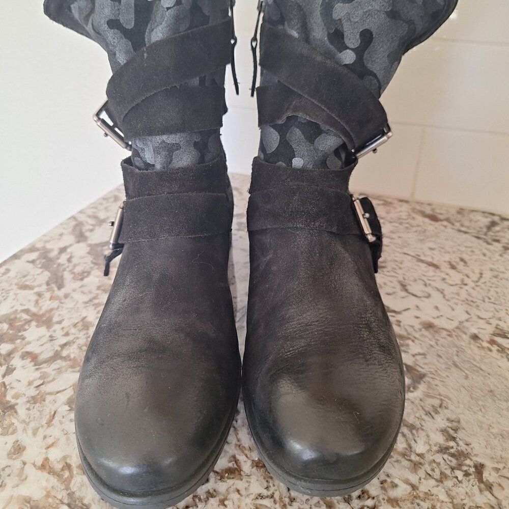 Miz Mooz Shane Triple Buckle Straps Black Gray Leather Boots Size EU 41